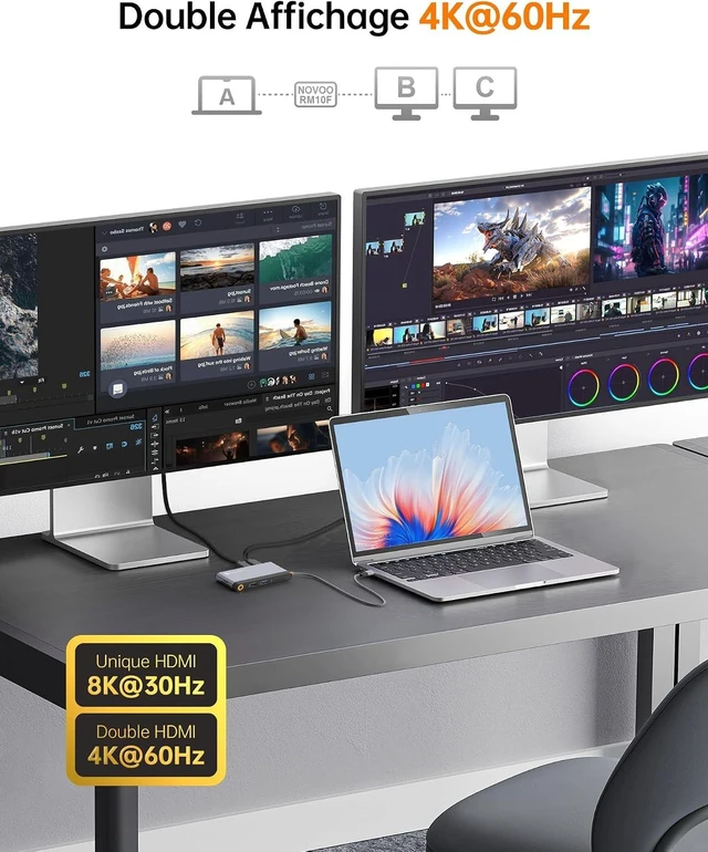 Alt view image 3 of 7 - NOVOO USB C Hub 10 in 1 Type C Multiport Adapter, USB C Docking Station with Dual HDMI 4K, Gigabit Ethernet, PD 100W, 3 x USB-A & USB-C 3.0, SD/TF Card Reader for MacBook Pro/Air/Dell/HP