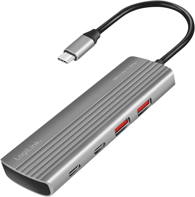 Main image of LogiLink UA0414 Ultra-Slim USB 3.2 Gen2 Hub, 2 x USB-A, 5 x USB-C, with PD (Power Delivery), 100 W, Space Grey