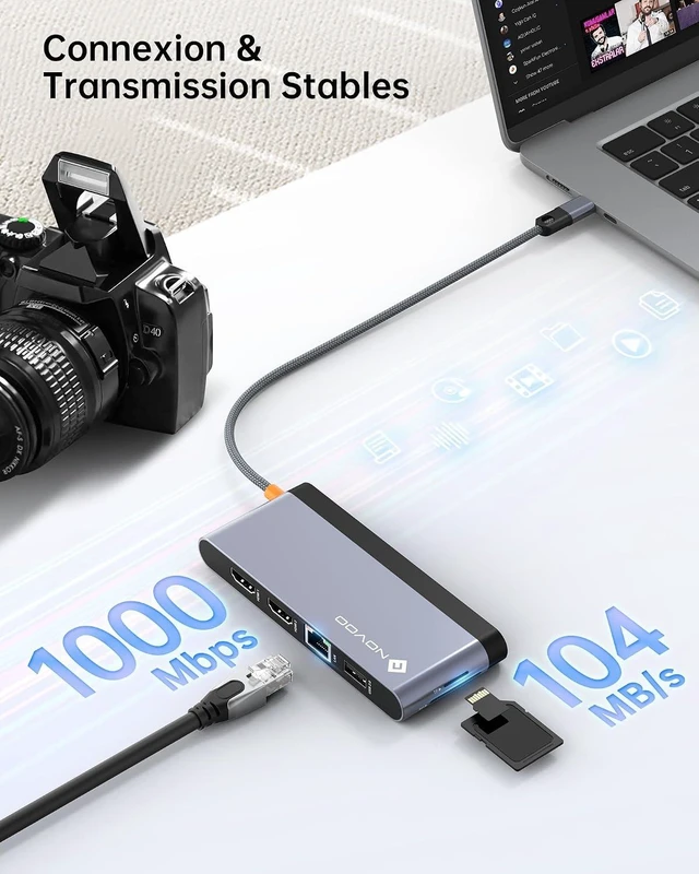 Alt view image 7 of 7 - NOVOO USB C Hub 10 in 1 Type C Multiport Adapter, USB C Docking Station with Dual HDMI 4K, Gigabit Ethernet, PD 100W, 3 x USB-A & USB-C 3.0, SD/TF Card Reader for MacBook Pro/Air/Dell/HP