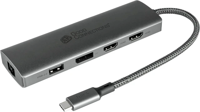 Main image of Good Connections USB-C Hub (10-Port), 2X HDMI 2.0, 1x DP, 1x USB-C (PD 96W), 2X USB 3.0 A, 1x USB 2.0 A, 1x RJ45, 1x Card Reader, Anthracite