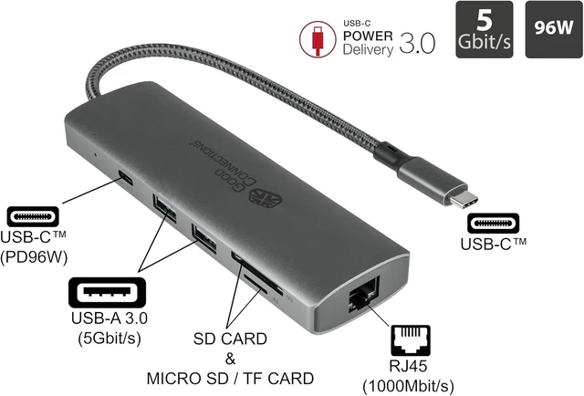 Alt view image 2 of 5 - Good Connections USB-C Hub (10-Port), 2X HDMI 2.0, 1x DP, 1x USB-C (PD 96W), 2X USB 3.0 A, 1x USB 2.0 A, 1x RJ45, 1x Card Reader, Anthracite