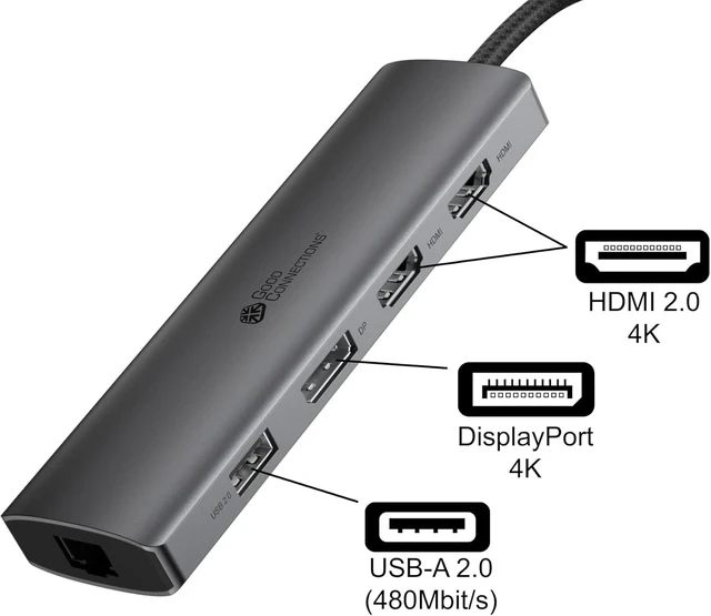 Alt view image 3 of 5 - Good Connections USB-C Hub (10-Port), 2X HDMI 2.0, 1x DP, 1x USB-C (PD 96W), 2X USB 3.0 A, 1x USB 2.0 A, 1x RJ45, 1x Card Reader, Anthracite