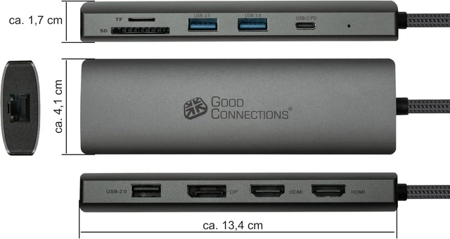 Alt view image 4 of 5 - Good Connections USB-C Hub (10-Port), 2X HDMI 2.0, 1x DP, 1x USB-C (PD 96W), 2X USB 3.0 A, 1x USB 2.0 A, 1x RJ45, 1x Card Reader, Anthracite