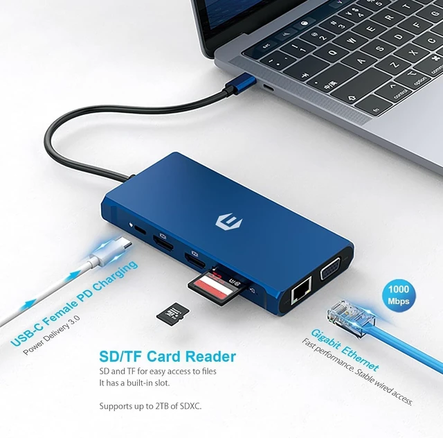 Alt view image 2 of 5 - USB C Hub, 12-in-1 USB C 3.0, USB C Multiport SD/TF Dock for Dell/HP/Lenovo/Mac Book Pro, Triple Screen Multiport Adapter USB C with 2 x 4K HDMI