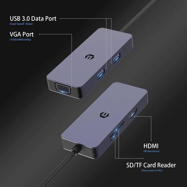 Alt view image 2 of 6 - USB C Hub, 6 in 1 USB C Ethernet Adapter with VGA, USB 3.0 Ports, SD/TF Card Reader, USB Splitter for Dell, Lenovo and Other Type C Devices
