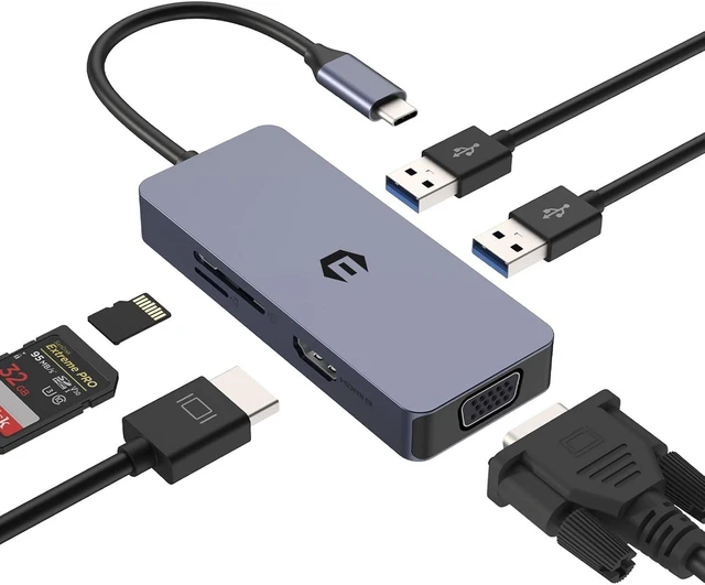 Main image of USB C Hub, 6 in 1 USB C Ethernet Adapter with VGA, USB 3.0 Ports, SD/TF Card Reader, USB Splitter for Dell, Lenovo and Other Type C Devices