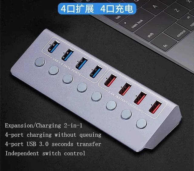 Alt view image 2 of 6 - USB Hub, USB3.0 Splitter 4 Port Laptop Extended USB HUB 4 Port Fast Charging Adapter External 12V 4A Power Supply,Aluminum Alloy 8-Port