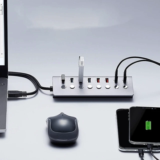 Alt view image 3 of 6 - USB Hub, USB3.0 Splitter 4 Port Laptop Extended USB HUB 4 Port Fast Charging Adapter External 12V 4A Power Supply,Aluminum Alloy 8-Port