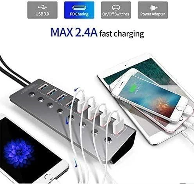 Alt view image 4 of 6 - USB Hub, USB3.0 Splitter 4 Port Laptop Extended USB HUB 4 Port Fast Charging Adapter External 12V 4A Power Supply,Aluminum Alloy 8-Port