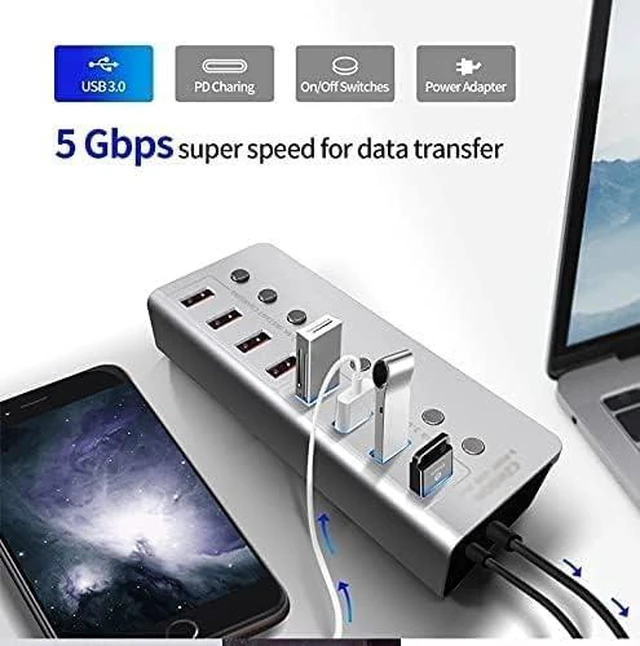 Alt view image 5 of 6 - USB Hub, USB3.0 Splitter 4 Port Laptop Extended USB HUB 4 Port Fast Charging Adapter External 12V 4A Power Supply,Aluminum Alloy 8-Port