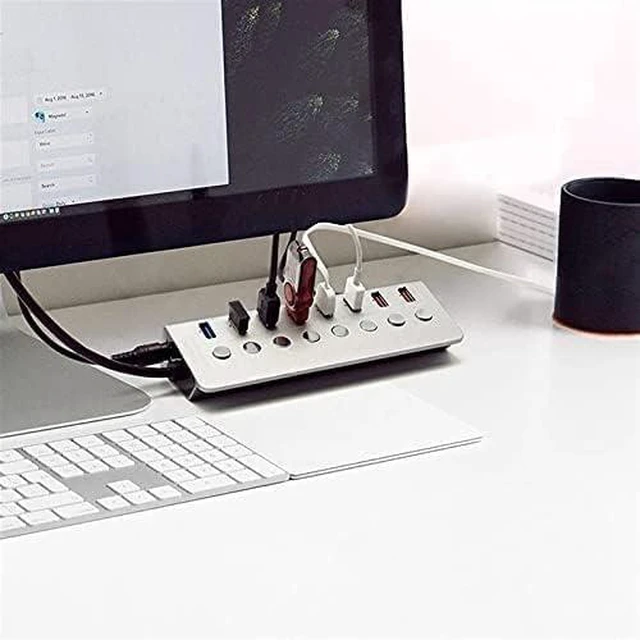 Alt view image 6 of 6 - USB Hub, USB3.0 Splitter 4 Port Laptop Extended USB HUB 4 Port Fast Charging Adapter External 12V 4A Power Supply,Aluminum Alloy 8-Port
