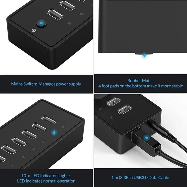 Alt view image 3 of 7 - USB Hub, Accessories 1M Data Cable10 Port ABS USB3.0 HUB with 12V Power Adapter High Speed USB Splitter for PC Computer, Printer, Mobile HDD