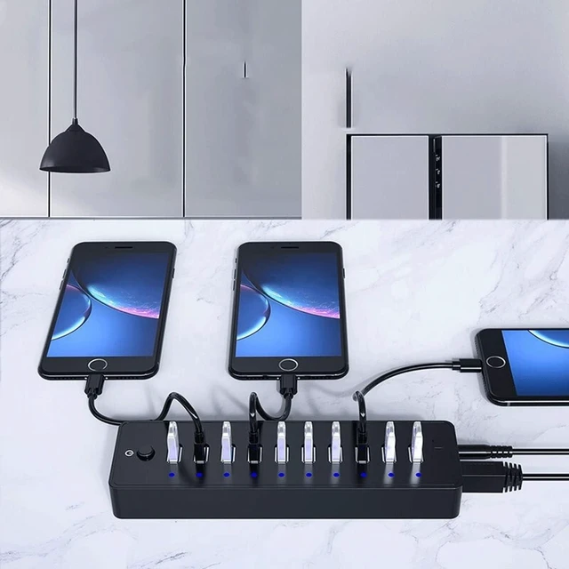 Alt view image 2 of 7 - USB Hub, Accessories 1M Data Cable10 Port ABS USB3.0 HUB with 12V Power Adapter High Speed USB Splitter for PC Computer, Printer, Mobile HDD