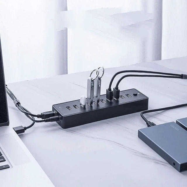 Alt view image 5 of 7 - USB Hub, Accessories 1M Data Cable10 Port ABS USB3.0 HUB with 12V Power Adapter High Speed USB Splitter for PC Computer, Printer, Mobile HDD