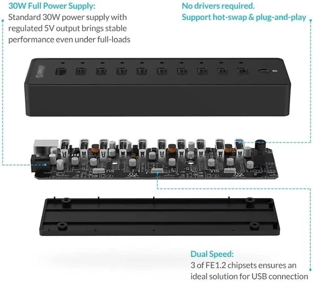 Alt view image 6 of 7 - USB Hub, Accessories 1M Data Cable10 Port ABS USB3.0 HUB with 12V Power Adapter High Speed USB Splitter for PC Computer, Printer, Mobile HDD