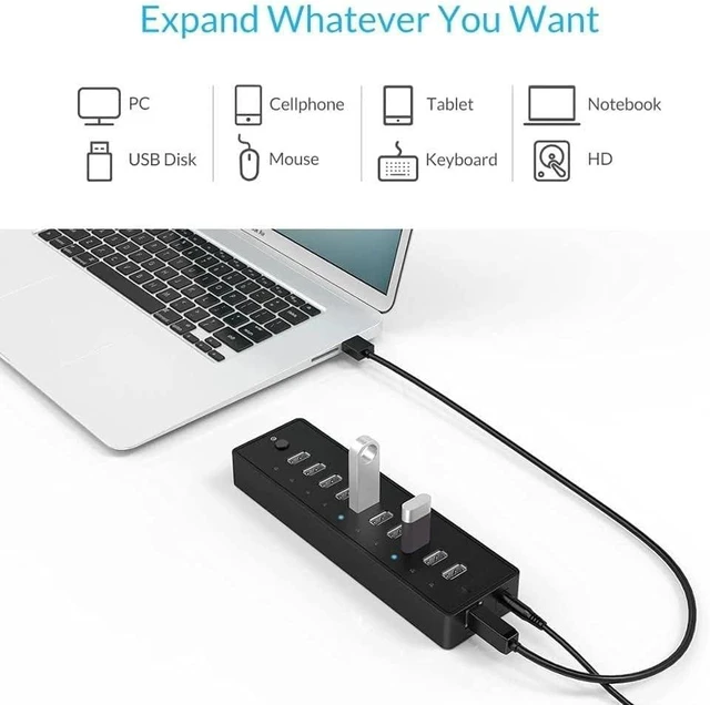Alt view image 7 of 7 - USB Hub, Accessories 1M Data Cable10 Port ABS USB3.0 HUB with 12V Power Adapter High Speed USB Splitter for PC Computer, Printer, Mobile HDD