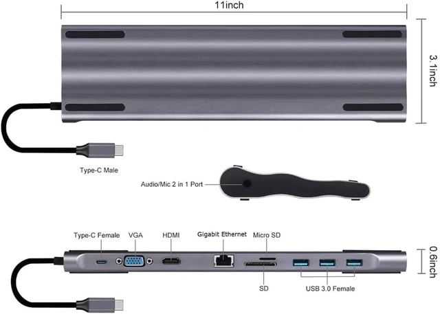 Alt view image 2 of 7 - USB Hub,Ultra-Slim Data USB Hub, 10 in 1 Type USB Hub 3.0,Laptop Adapter Hdmi VGA Rj45 LAN Ethernet 1000m Sd/tf Card 3.5mm Aux Splitter