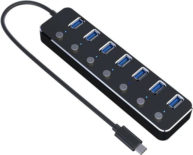 Alt view image 2 of 7 - USB Hub, Independent Switch,Aluminum 7-Port USB 3.0 Hub 120cm Cable Sub-Control Switch 5Gbps LED Indicator HUB Chargeable Splitter for Multi USB Devices (Color : Black)