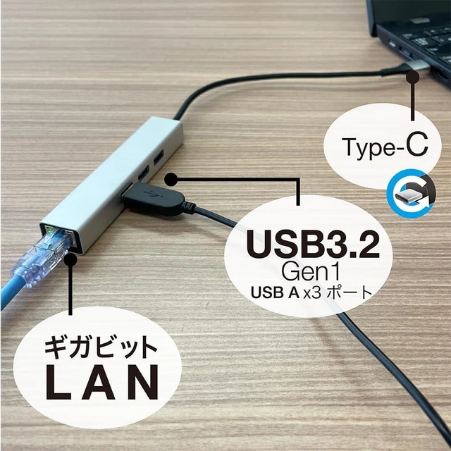 Alt view image 5 of 5 - Digio2 LAN Adapter, USB3.2Gen1, Type-C to 3 Ports, Aluminum Hub, Silver Z0121