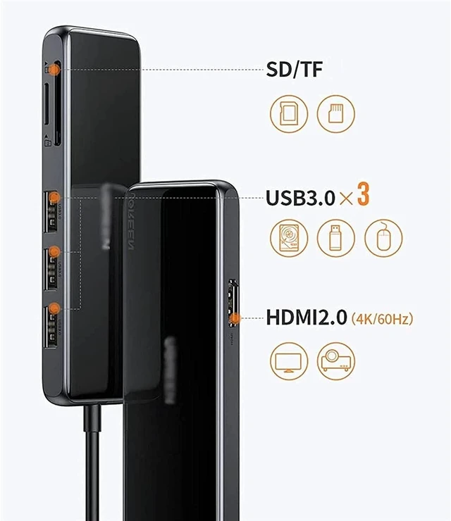 Alt view image 6 of 6 - KouRy USB-C Hub,6 in 1 Multiport USB-C Docking Station with 4K HDMI, 3 USB 3.0 Ports, SD/TF Card Reader, USB Splitter Adapter (Black)