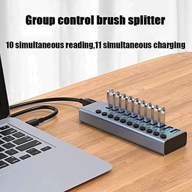 Alt view image 3 of 7 - USB Hub,Ultra-Slim Data USB Hub, Aluminum Alloy 11-Port3.0usb Splitter, Multi-Interface Extender, with Independent Switch, with Fast Charging External 12V4A Power Supply