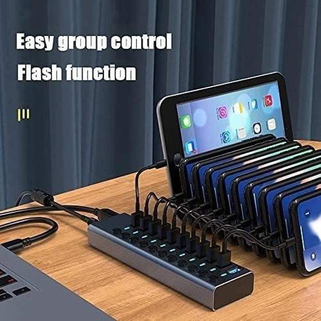 Alt view image 4 of 7 - USB Hub,Ultra-Slim Data USB Hub, Aluminum Alloy 11-Port3.0usb Splitter, Multi-Interface Extender, with Independent Switch, with Fast Charging External 12V4A Power Supply