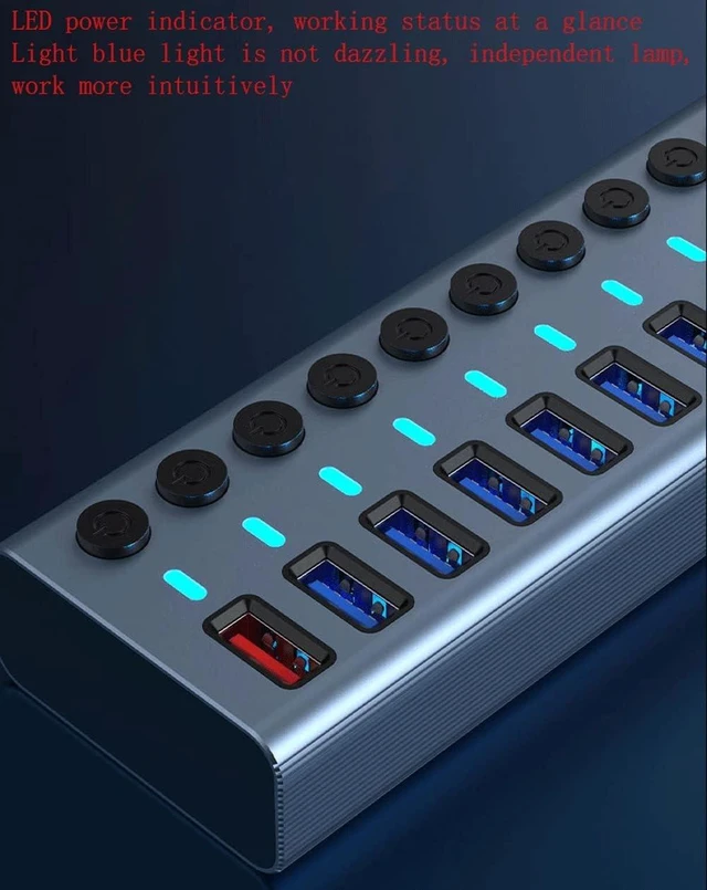 Alt view image 5 of 7 - USB Hub,Ultra-Slim Data USB Hub, Aluminum Alloy 11-Port3.0usb Splitter, Multi-Interface Extender, with Independent Switch, with Fast Charging External 12V4A Power Supply