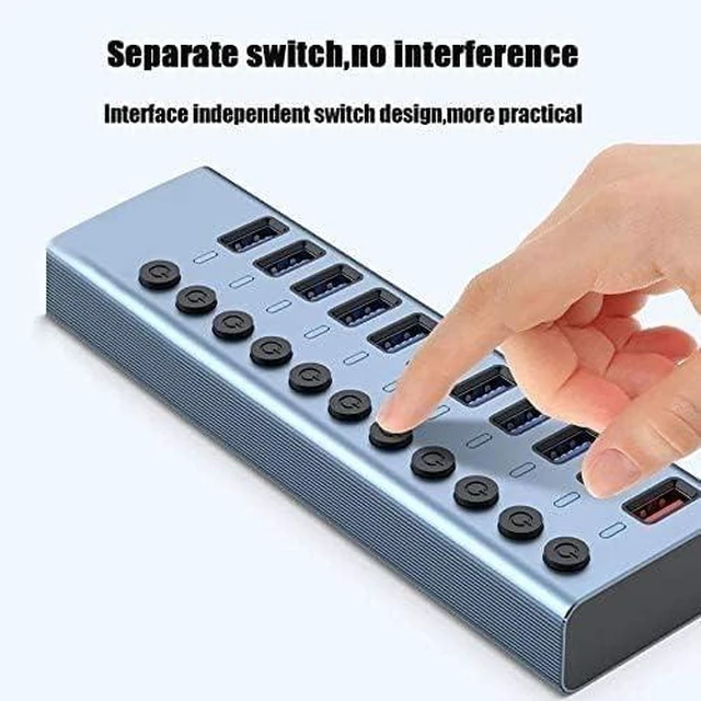 Alt view image 6 of 7 - USB Hub,Ultra-Slim Data USB Hub, Aluminum Alloy 11-Port3.0usb Splitter, Multi-Interface Extender, with Independent Switch, with Fast Charging External 12V4A Power Supply