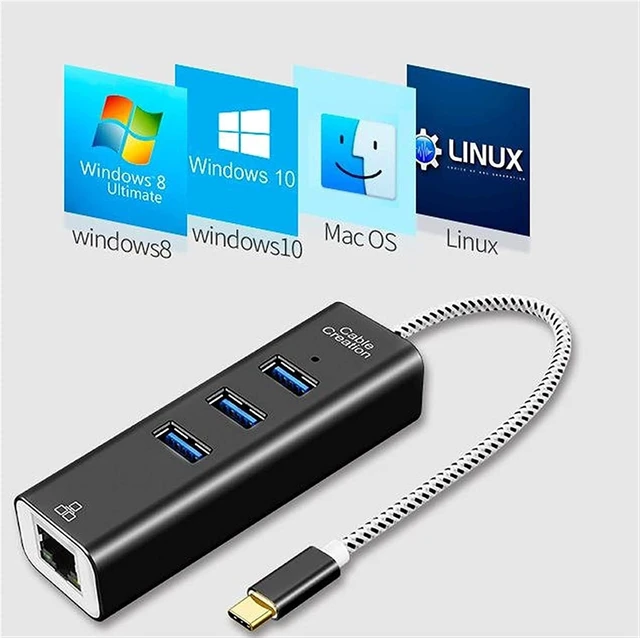 Alt view image 4 of 6 - KouRy USB Hub,4-Port USB to Ethernet Hub for Laptop, USB Flash Drives with 1000M Ethernet, 3 USB 3.0 Ports and LED Indicato (Black)