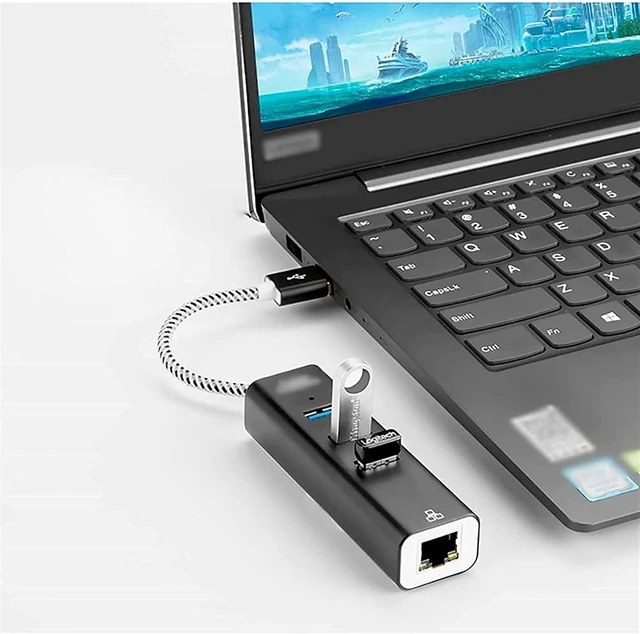 Alt view image 6 of 6 - KouRy USB Hub,4-Port USB to Ethernet Hub for Laptop, USB Flash Drives with 1000M Ethernet, 3 USB 3.0 Ports and LED Indicato (Black)