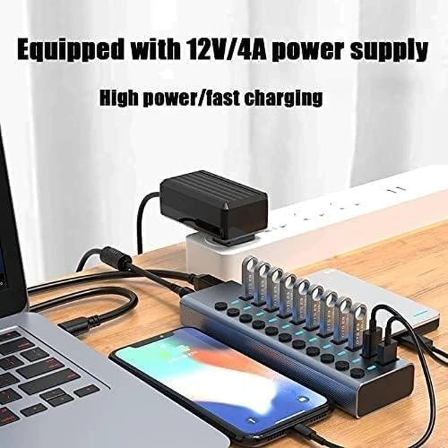 Alt view image 7 of 7 - USB Hub,Ultra-Slim Data USB Hub, Aluminum Alloy 11-Port3.0usb Splitter, Multi-Interface Extender, with Independent Switch, with Fast Charging External 12V4A Power Supply