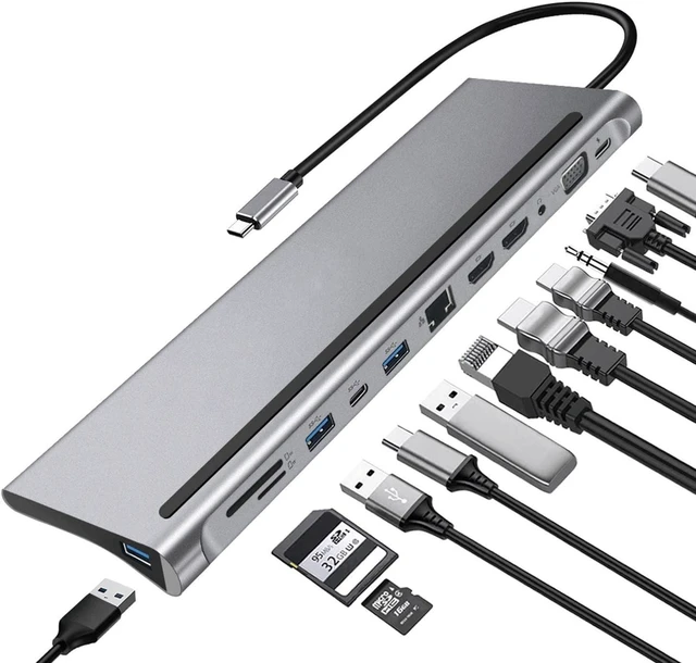 Alt view image 2 of 7 - USB Hub,12 in 1 USB C Hub Laptop Docking Station Type-C to Dual HDMI-Compatible/VGA/USB 3.0 Hub/PD/RJ/Micro-SD/TF,Compatible with PC, Mac, Printer, Mobile HDD