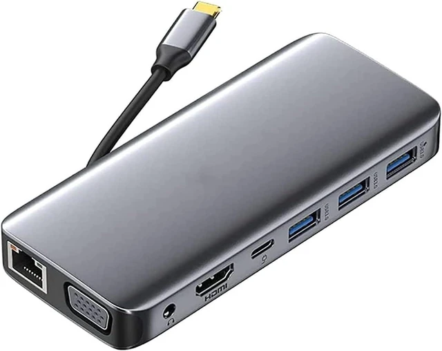 Main image of KouRy Plugable 10-in-1 USB-C Adapter with HDMI, VGA, 100W PD, 3 USB 3.0 Port, Ethernet, 3.5mm Audio Port, SD/TF Card Reader