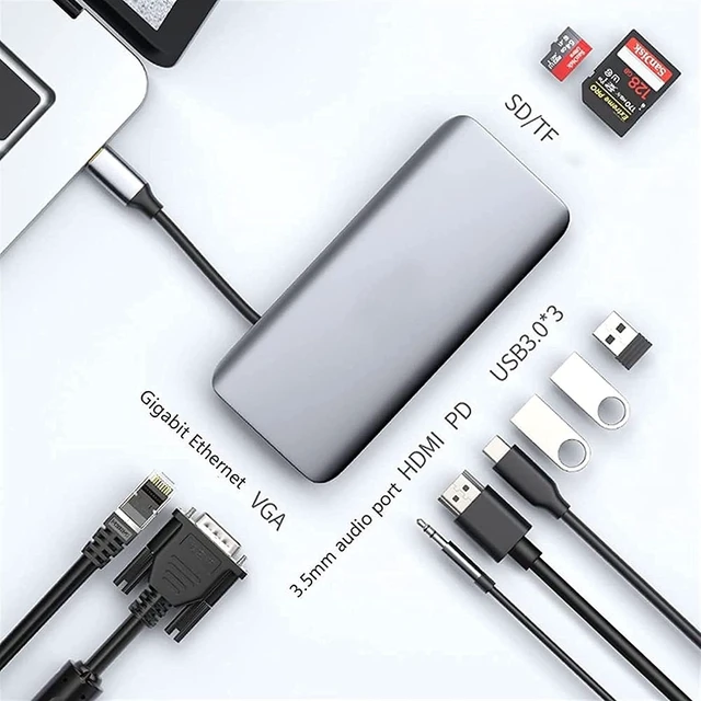Alt view image 2 of 6 - KouRy Plugable 10-in-1 USB-C Adapter with HDMI, VGA, 100W PD, 3 USB 3.0 Port, Ethernet, 3.5mm Audio Port, SD/TF Card Reader