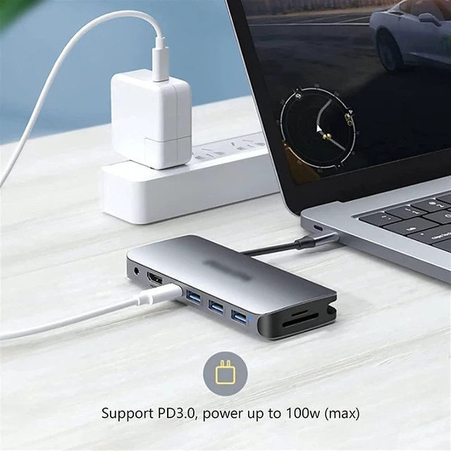 Alt view image 5 of 6 - KouRy Plugable 10-in-1 USB-C Adapter with HDMI, VGA, 100W PD, 3 USB 3.0 Port, Ethernet, 3.5mm Audio Port, SD/TF Card Reader