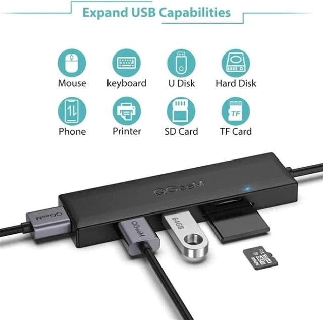 Alt view image 2 of 7 - KouRy USB C Hub, 5 in 1 USB Hub Adapter with 3 USB 3.0 Ports, SD/TF Card Reader, USB Splitter for Keyboard, Mouse, Flash Drives (Black)