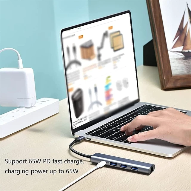 Alt view image 6 of 6 - KouRy 5 in 1 USB-C Dock Type C USB Hub with Ethernet, 3 USB 3.0 Ports, USB-C PD 60W, USB C Hub for Laptop