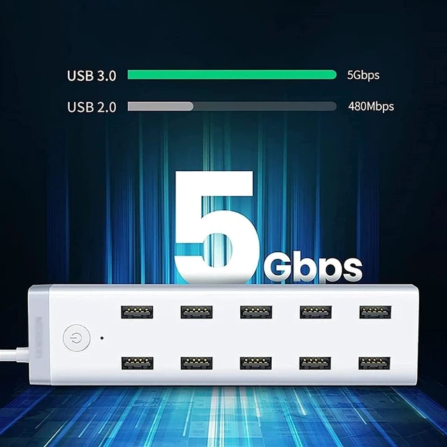 Main image of KouRy USB 3.0 Hub,USB Splitter,10 Port USB HUB Splitter 12V / 4A Powered for Laptop, USB Flash Drives, Mobile HDD and More (White)