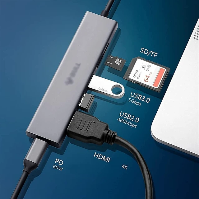 Alt view image 3 of 5 - KouRy USB C Hub,6-in-1 Dock Station USB C Adapter for USB C Devices with 4K HDMI/USB 3.0 / USB 2.0 / SD and TF Slots/PD 60W