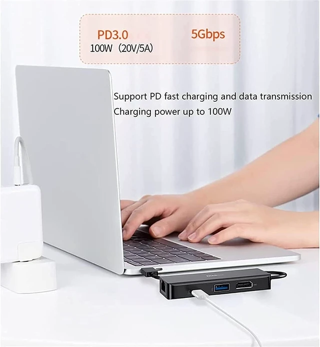 Alt view image 2 of 6 - KouRy USB C Hub, 4 in 1 USB C to HDMI Adapter with 4K HDMI, Gigabit Ethernet, USB 3.0 Ports, PD 100W, USB C Dock for Laptop (Black)