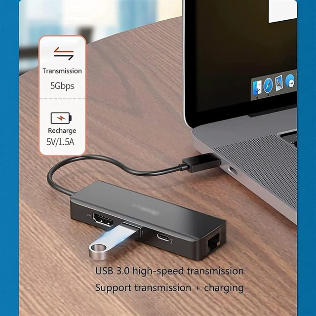 Alt view image 3 of 6 - KouRy USB C Hub, 4 in 1 USB C to HDMI Adapter with 4K HDMI, Gigabit Ethernet, USB 3.0 Ports, PD 100W, USB C Dock for Laptop (Black)