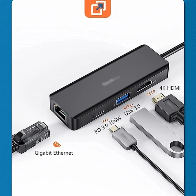 Alt view image 6 of 6 - KouRy USB C Hub, 4 in 1 USB C to HDMI Adapter with 4K HDMI, Gigabit Ethernet, USB 3.0 Ports, PD 100W, USB C Dock for Laptop (Black)