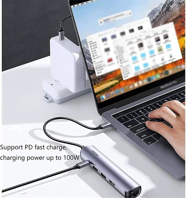 Alt view image 3 of 6 - KouRy USB C Hub, 5 in 1 USB Charging Hub Docking Station with 100W PD, 4K HDMI, 2 USB 3.0 Ports, 1000M Ethernet
