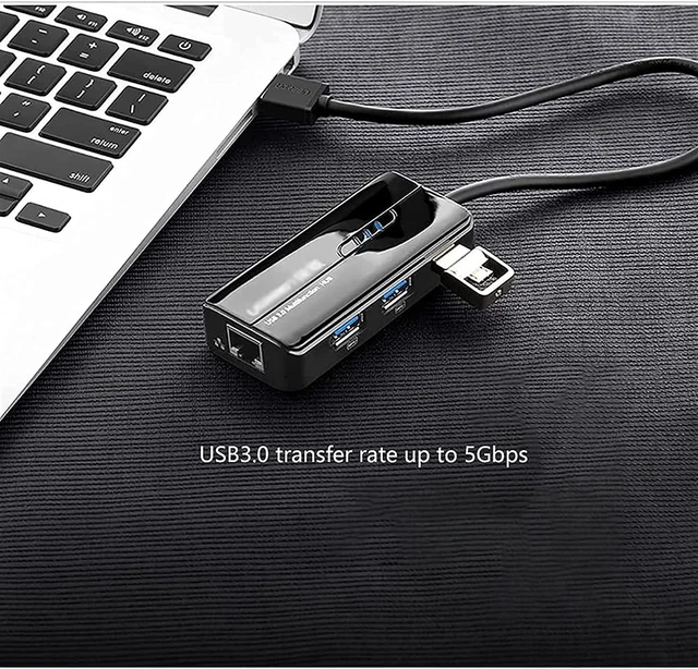 Alt view image 3 of 6 - KouRy USB 3.0 Hub,4 Port USB Docking Station Adapter with DC Power Port, 3 USB 3.0 Ports, RJ45 Gigabit Ethernet Port (Black)