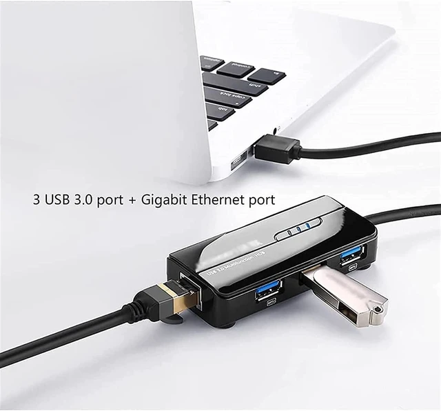 Alt view image 5 of 6 - KouRy USB 3.0 Hub,4 Port USB Docking Station Adapter with DC Power Port, 3 USB 3.0 Ports, RJ45 Gigabit Ethernet Port (Black)