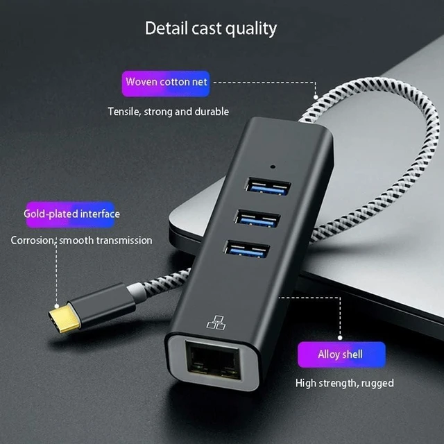 Alt view image 2 of 6 - USB Hub,4-Port USB to Ethernet Hub for Laptop, USB Flash Drives with 1000M Ethernet, 3 USB 3.0 Ports and LED Indicato