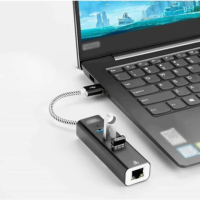 Alt view image 3 of 6 - USB Hub,4-Port USB to Ethernet Hub for Laptop, USB Flash Drives with 1000M Ethernet, 3 USB 3.0 Ports and LED Indicato