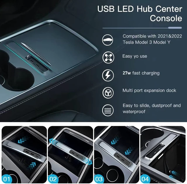 Alt view image 2 of 7 - Braveking1 USB Hub for Tesla, USB Hub for Tesla Model Y Model 3 2021 2022 2023 Accessories, 3 in 1 USB Hub Docking Station of Center Console Adapter with PD Fast Charge Port & LED Light
