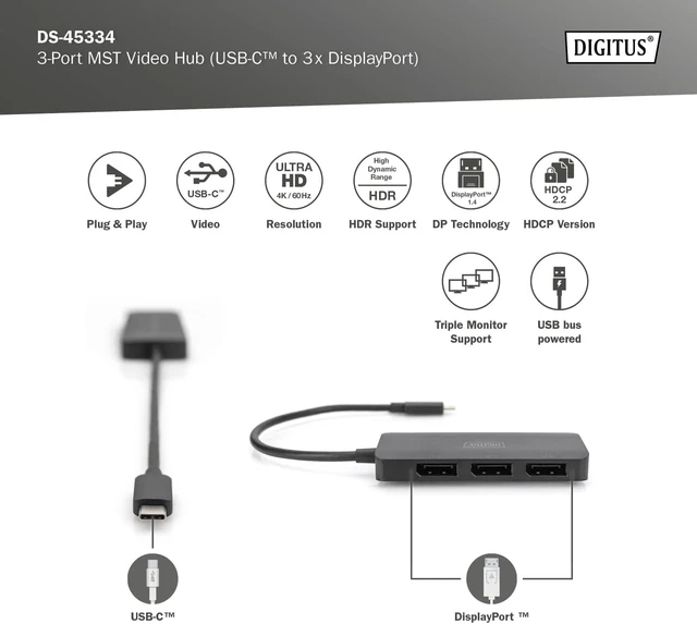 Alt view image 2 of 7 - DIGITUS 3-Port USB-C Graphics Adapter - USB-C to 3X Display Port - 4k60Hz - Multi Stream Transport (MST) - Video Hub - Black