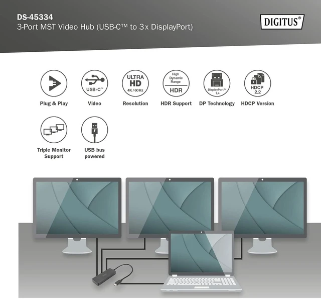 Alt view image 6 of 7 - DIGITUS 3-Port USB-C Graphics Adapter - USB-C to 3X Display Port - 4k60Hz - Multi Stream Transport (MST) - Video Hub - Black